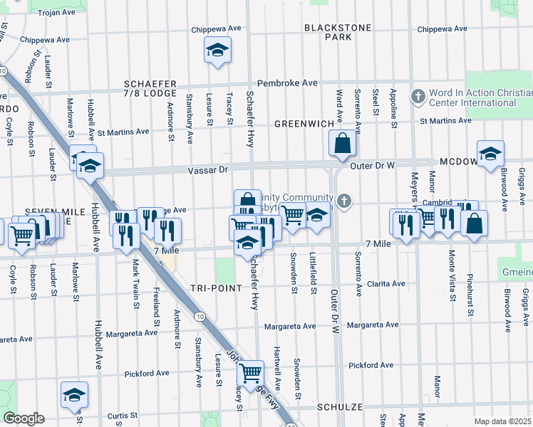 map of restaurants, bars, coffee shops, grocery stores, and more near 19199 Hartwell Street in Detroit