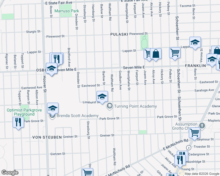 map of restaurants, bars, coffee shops, grocery stores, and more near 18659 Waltham Street in Detroit