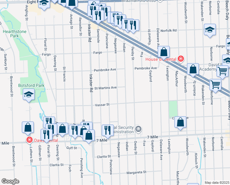 map of restaurants, bars, coffee shops, grocery stores, and more near 19435 Negaunee in Redford Charter Township