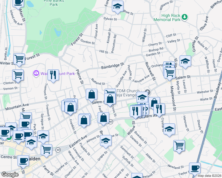map of restaurants, bars, coffee shops, grocery stores, and more near 4 Dale Street in Malden