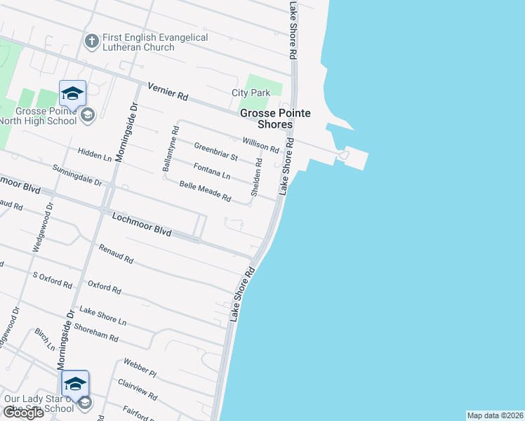 map of restaurants, bars, coffee shops, grocery stores, and more near 725 Lake Shore Road in Grosse Pointe Shores