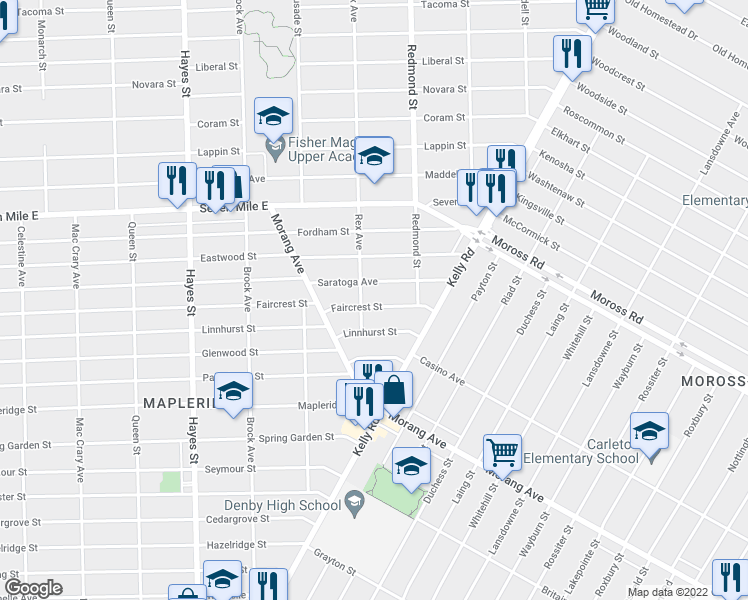 map of restaurants, bars, coffee shops, grocery stores, and more near 15819 Faircrest Street in Detroit