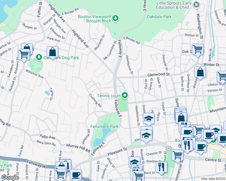 map of restaurants, bars, coffee shops, grocery stores, and more near 35 Pine Street in Malden