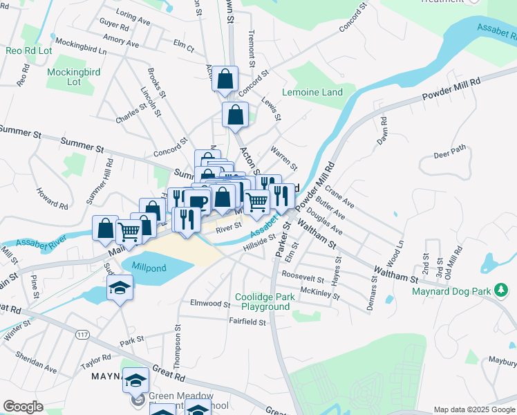 map of restaurants, bars, coffee shops, grocery stores, and more near 10 Main Street in Maynard