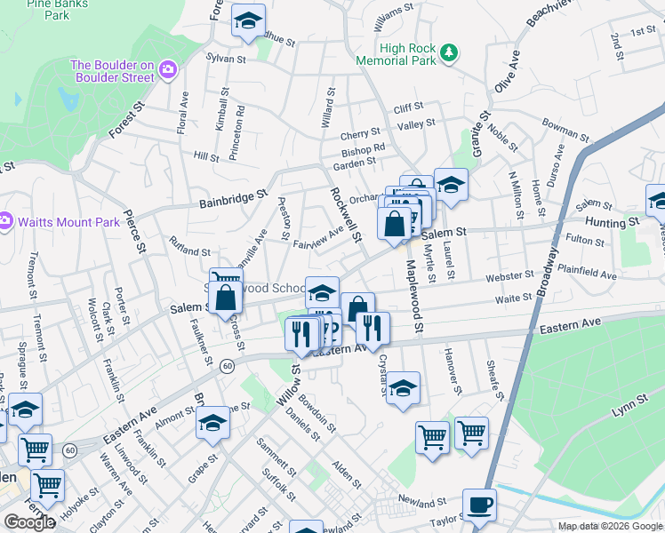 map of restaurants, bars, coffee shops, grocery stores, and more near 522 Salem Street in Malden