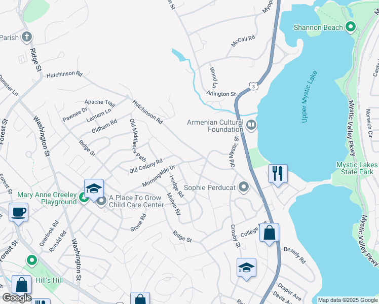 map of restaurants, bars, coffee shops, grocery stores, and more near 74 Windmill Lane in Arlington