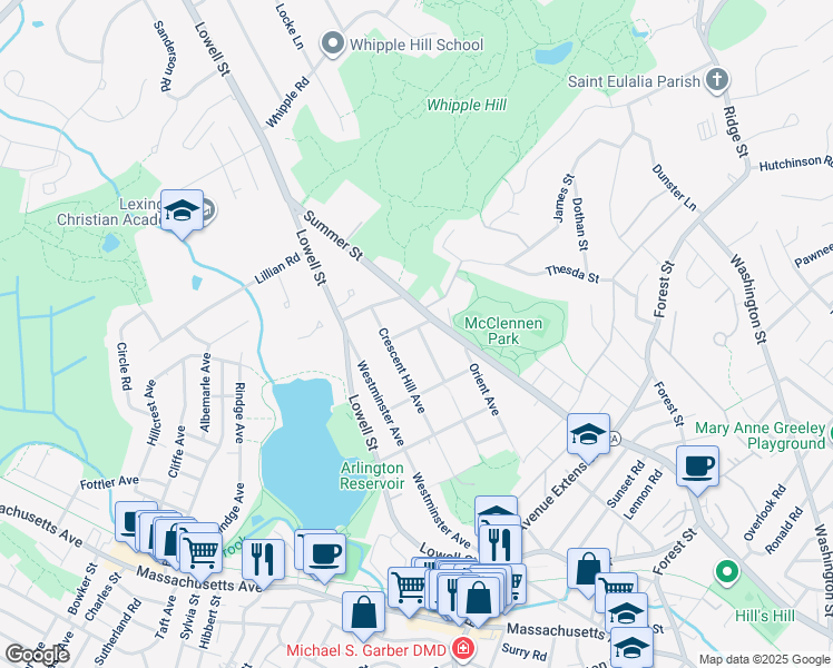 map of restaurants, bars, coffee shops, grocery stores, and more near 125 Crescent Hill Avenue in Arlington