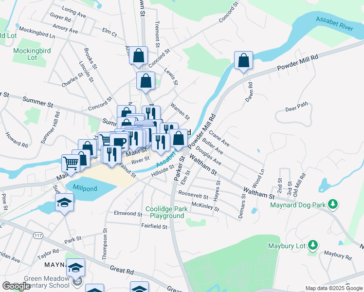 map of restaurants, bars, coffee shops, grocery stores, and more near 5R Waltham Street in Maynard