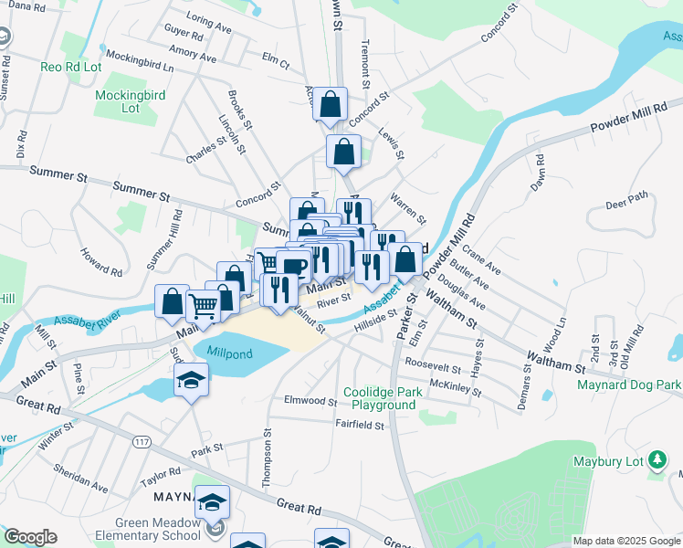 map of restaurants, bars, coffee shops, grocery stores, and more near 58 Main Street in Maynard
