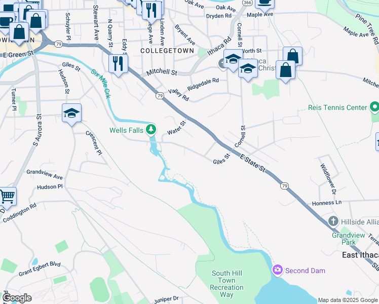 map of restaurants, bars, coffee shops, grocery stores, and more near 705 Giles Street in Ithaca