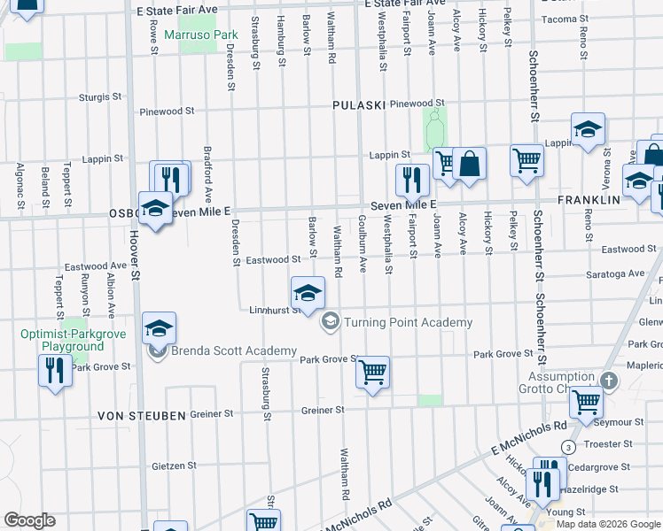 map of restaurants, bars, coffee shops, grocery stores, and more near 18659 Waltham Street in Detroit