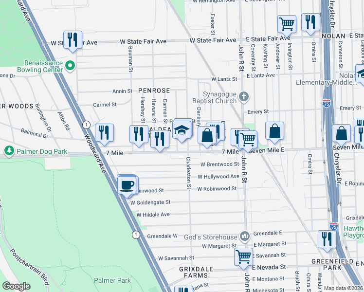map of restaurants, bars, coffee shops, grocery stores, and more near 405 West Seven Mile Road in Highland Park