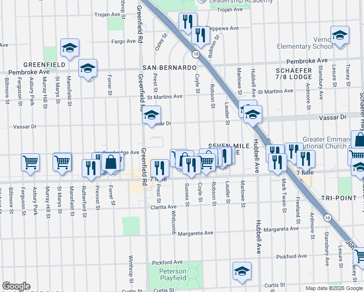 map of restaurants, bars, coffee shops, grocery stores, and more near 19194 Sussex Street in Detroit