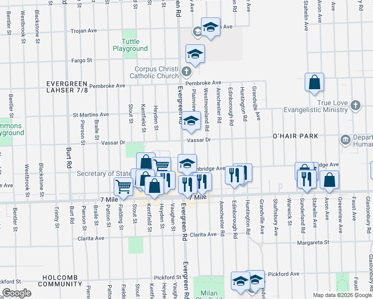 map of restaurants, bars, coffee shops, grocery stores, and more near 19325 Plainview Avenue in Detroit