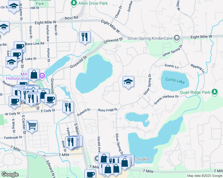 map of restaurants, bars, coffee shops, grocery stores, and more near 20075 Northville Pl Dr N in Wayne