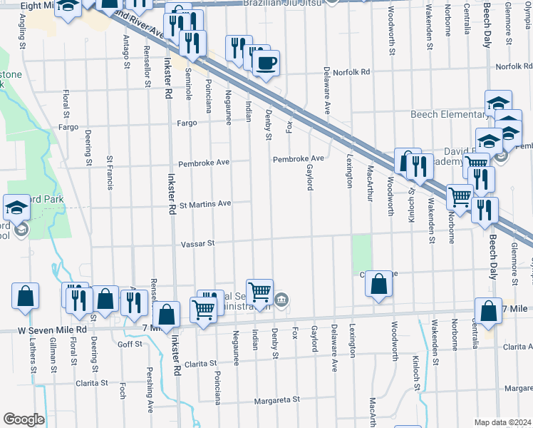 map of restaurants, bars, coffee shops, grocery stores, and more near 19471 Denby in Redford Charter Township