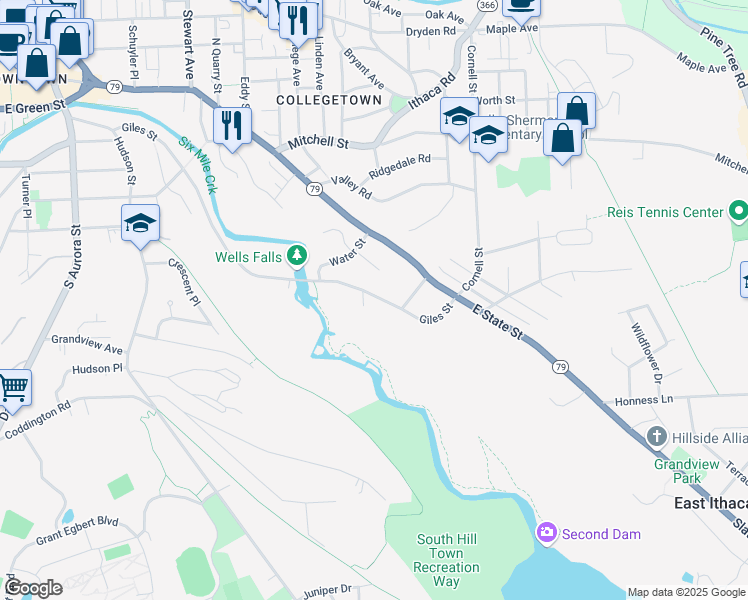 map of restaurants, bars, coffee shops, grocery stores, and more near 705 Giles Street in Ithaca