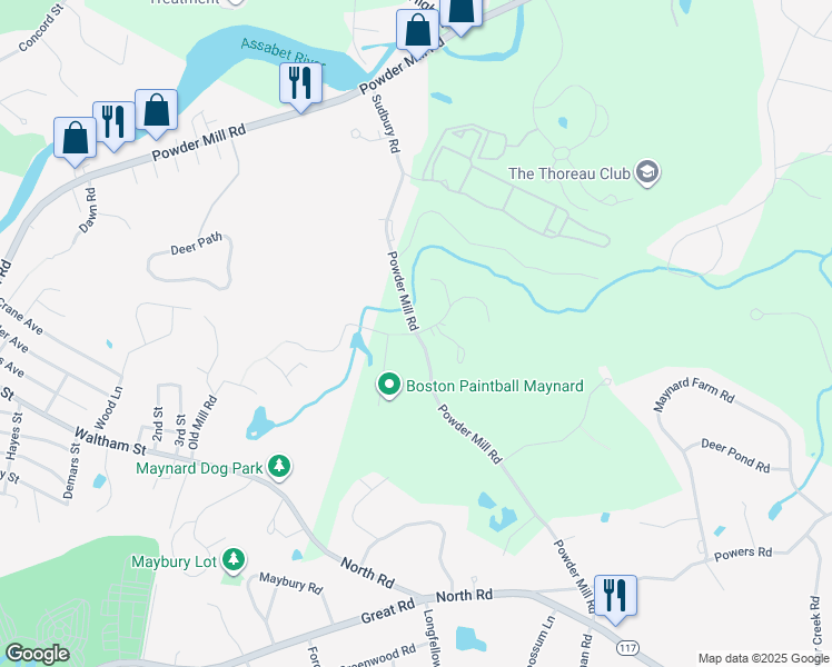 map of restaurants, bars, coffee shops, grocery stores, and more near Powder Mill Road in Sudbury