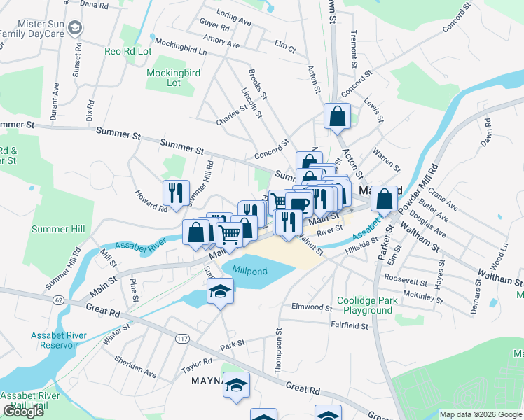 map of restaurants, bars, coffee shops, grocery stores, and more near 3 Florida Road in Maynard