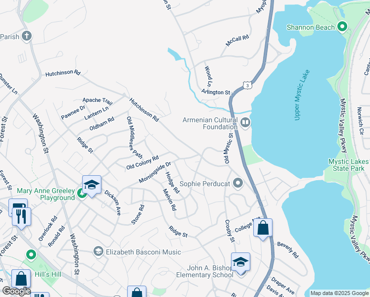 map of restaurants, bars, coffee shops, grocery stores, and more near 74 Windmill Lane in Arlington