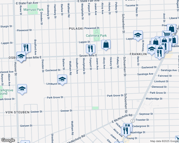 map of restaurants, bars, coffee shops, grocery stores, and more near 18658 Westphalia Street in Detroit