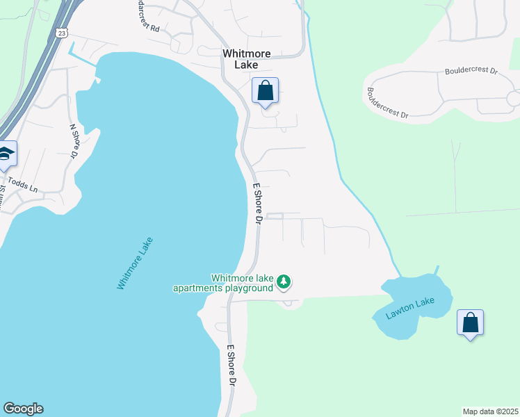 map of restaurants, bars, coffee shops, grocery stores, and more near 11673 East Shore Drive in Whitmore Lake