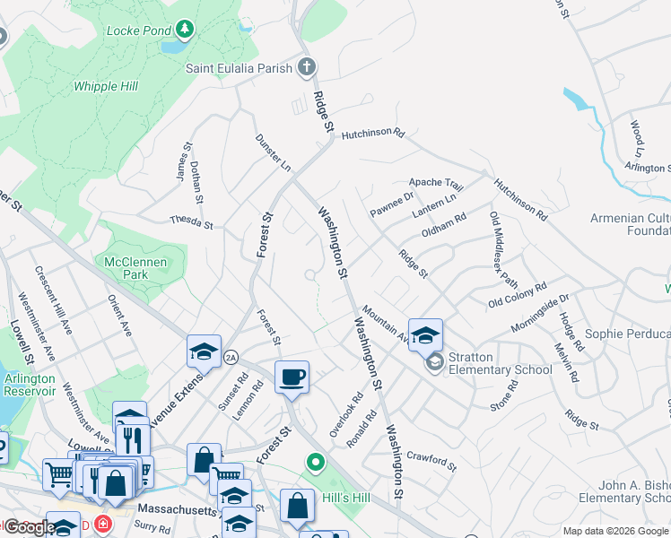 map of restaurants, bars, coffee shops, grocery stores, and more near 308 Washington Street in Arlington