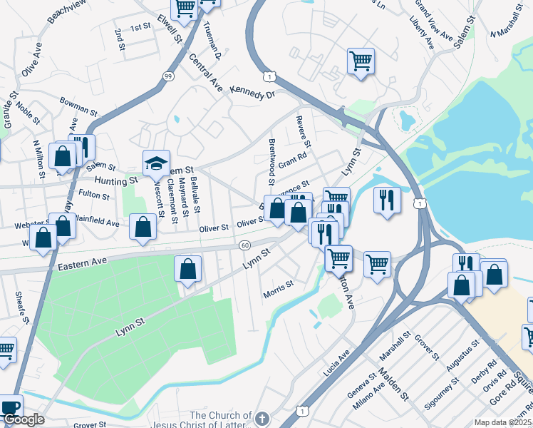 map of restaurants, bars, coffee shops, grocery stores, and more near 1556 Eastern Avenue in Malden