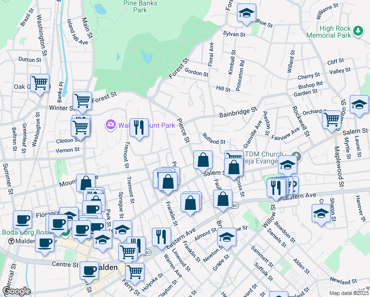 map of restaurants, bars, coffee shops, grocery stores, and more near 18 Kenilworth Street in Malden