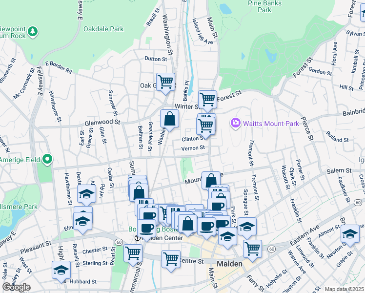 map of restaurants, bars, coffee shops, grocery stores, and more near 47 Clifton Street in Malden