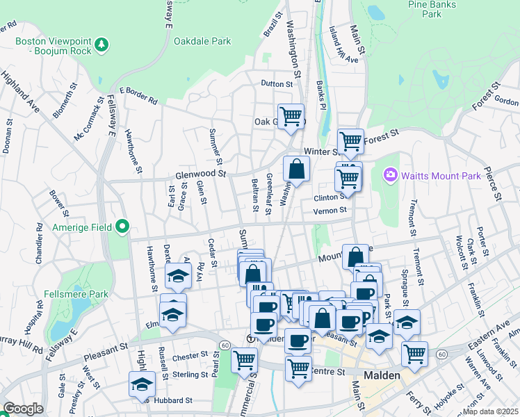 map of restaurants, bars, coffee shops, grocery stores, and more near 129 Clifton Street in Malden