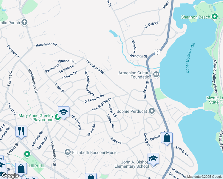 map of restaurants, bars, coffee shops, grocery stores, and more near 6 Old Colony Road in Arlington