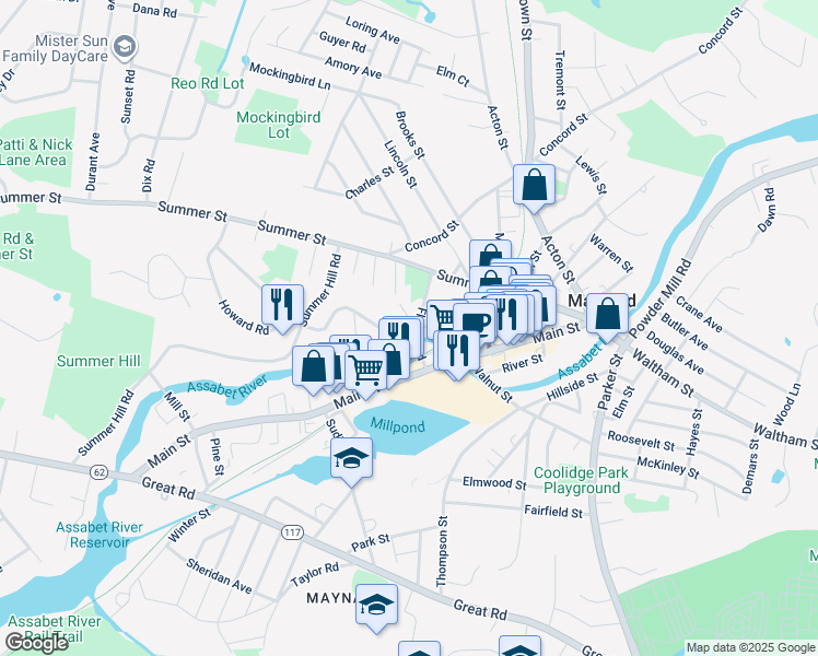 map of restaurants, bars, coffee shops, grocery stores, and more near 24 Railroad Street in Maynard