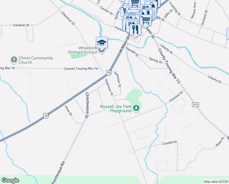 map of restaurants, bars, coffee shops, grocery stores, and more near 84 Summer Street in Fredonia