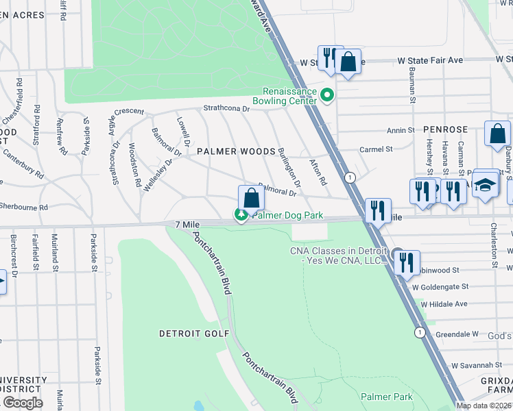 map of restaurants, bars, coffee shops, grocery stores, and more near 1570 West Seven Mile Road in Detroit