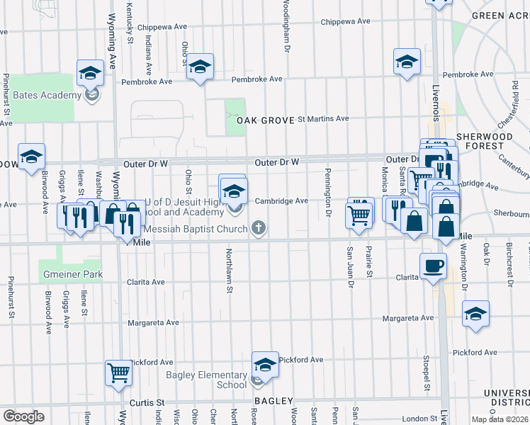 map of restaurants, bars, coffee shops, grocery stores, and more near 19134 Roselawn Street in Detroit