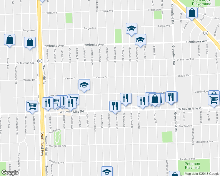 map of restaurants, bars, coffee shops, grocery stores, and more near 19214 Asbury Park in Detroit