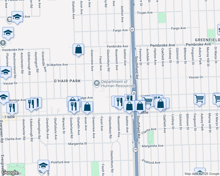 map of restaurants, bars, coffee shops, grocery stores, and more near 19308 Glastonbury Road in Detroit