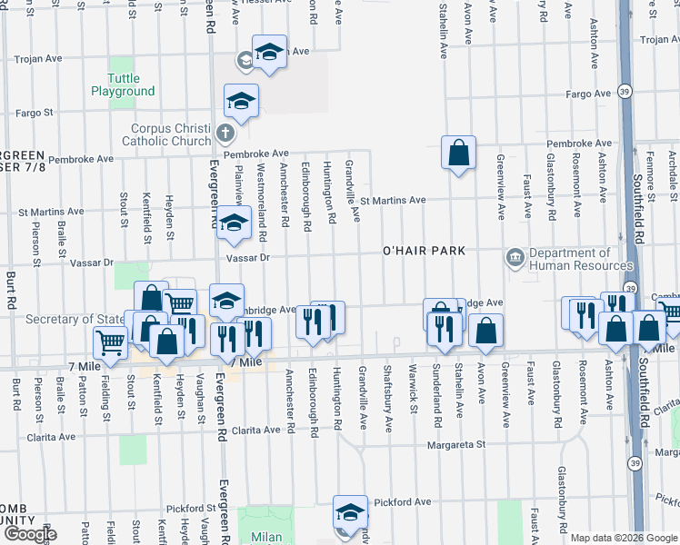 map of restaurants, bars, coffee shops, grocery stores, and more near 19319 Huntington Road in Detroit