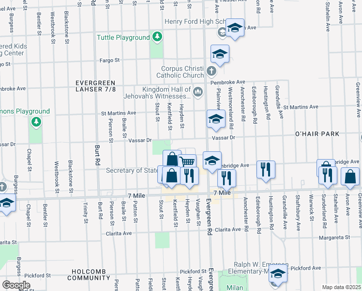 map of restaurants, bars, coffee shops, grocery stores, and more near 19320 Votrobeck Drive in Detroit