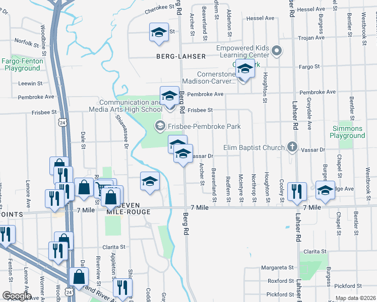 map of restaurants, bars, coffee shops, grocery stores, and more near 22815 Vassar Drive in Detroit