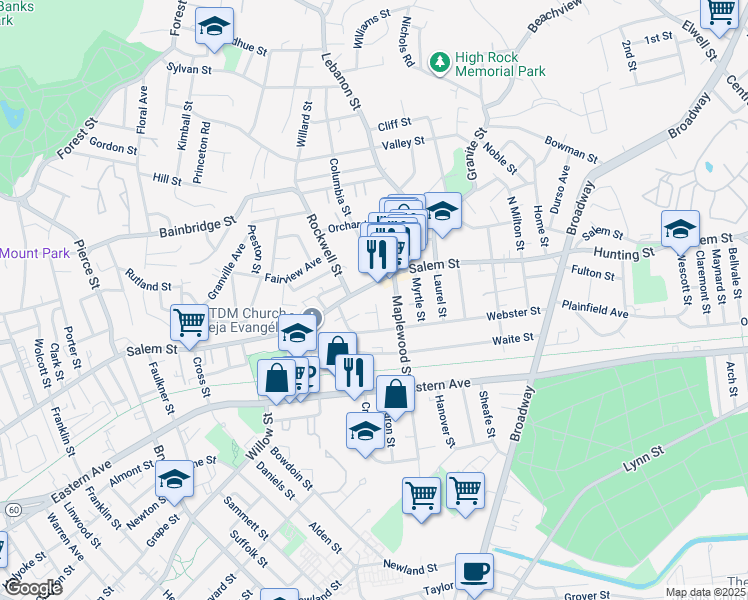 map of restaurants, bars, coffee shops, grocery stores, and more near 25-27 Webster Place in Malden