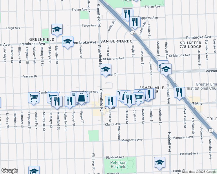 map of restaurants, bars, coffee shops, grocery stores, and more near 19200 Greenfield Road in Detroit