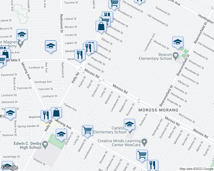 map of restaurants, bars, coffee shops, grocery stores, and more near Moross Rd & Laing St in Detroit