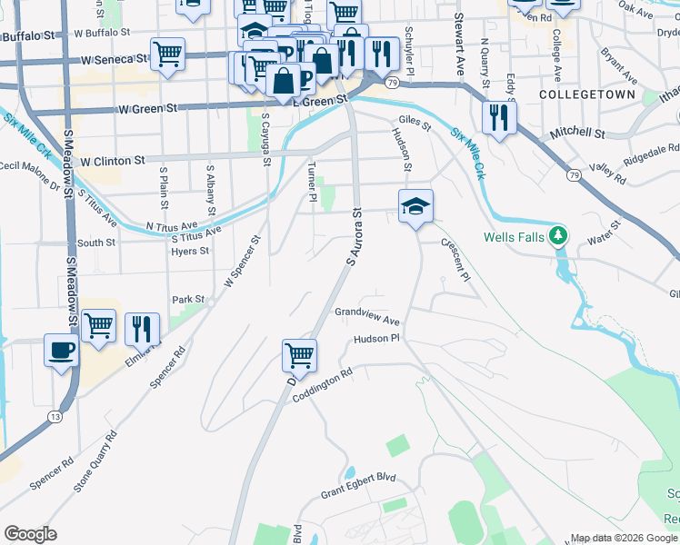 map of restaurants, bars, coffee shops, grocery stores, and more near 742 South Aurora Street in Ithaca