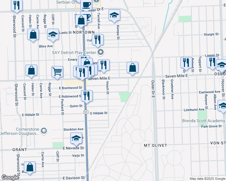 map of restaurants, bars, coffee shops, grocery stores, and more near 8213 East Robinwood Street in Detroit