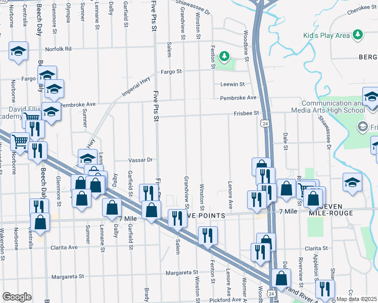 map of restaurants, bars, coffee shops, grocery stores, and more near 19390 Grandview Street in Detroit