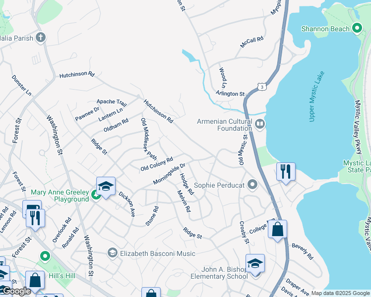 map of restaurants, bars, coffee shops, grocery stores, and more near 6 Old Colony Road in Arlington