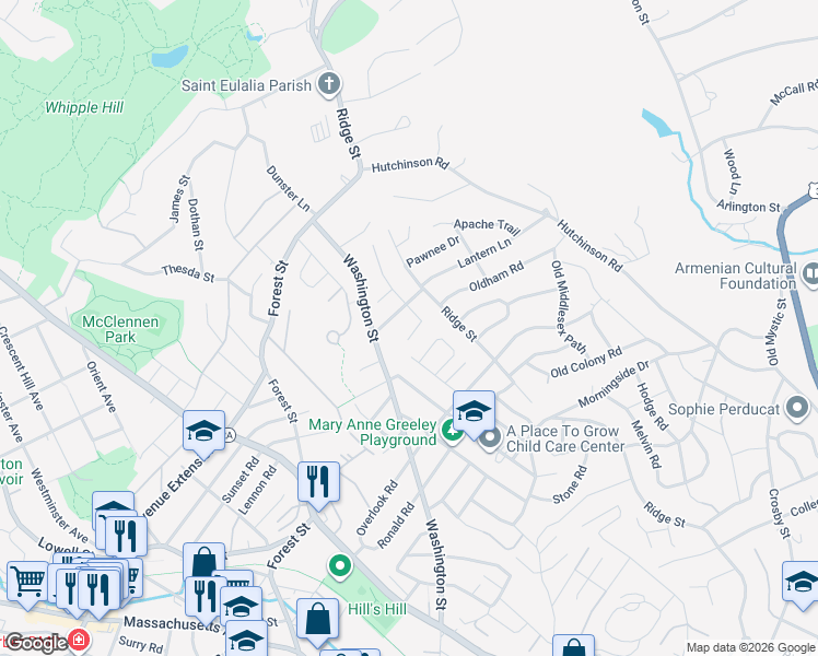 map of restaurants, bars, coffee shops, grocery stores, and more near 85 Tower Road in Arlington