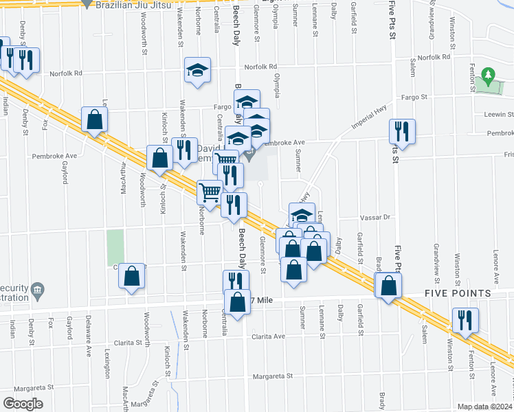 map of restaurants, bars, coffee shops, grocery stores, and more near 19403 Glenmore in Redford Charter Township